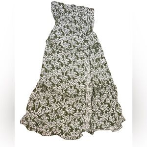 Green White Floral Strapless Maxi Dress Boho Cottagecore Resort Summer Slit L‎